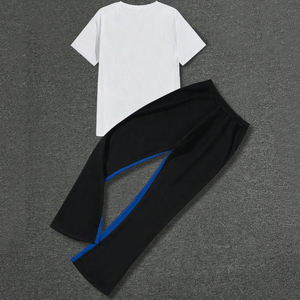 Ensemble coordonné pantalon de jogging en polyester bleu avec panneau contrastant et t-shirt blanc personnalisé, taille à cordon, style streetwear urbain, grande taille, automne - Product Image 2