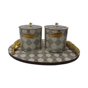 Bol de service à collation en métal de luxe turc avec couvercle et plateau en bois sculpté, pot de rangement moderne imprimé - Product Image 5
