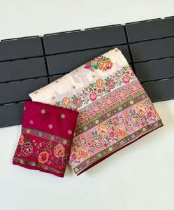 Pashmina Rajwadi en soie, tissage jacquard Meenakari, broderie positionnée, bordure florale tissée, avec pallu riche et blouse assortie - Product Image 2
