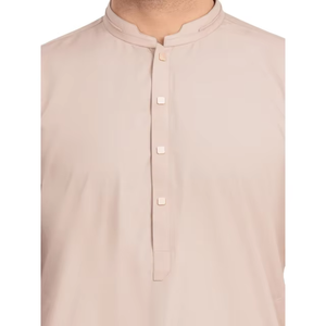 Nouveau Salwar Kameez pour homme en beige doux en gros, avec un col mandarin élégant et des boutons dorés, style minimaliste sophistiqué - Product Image 4