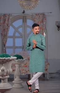 Green Poly Blend Wedding Mirror Work Punjabi <b>Kurta</b> Pyjama for <b>Men</b> - Product Image 6