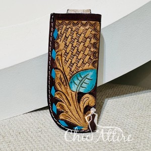 Nouveau Slip en cuir usiné personnalisé pour étui à pince couteau pliant Western Turquoise Floral couteau gaine ouverte ceinture trappeur gaine - Product Image 1
