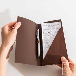 Carpeta de facturas de cuero genuino hecha a mano con logotipo personalizado al por mayor con soporte para recibos y talonario de cheques, al por mayor - Product Image 3