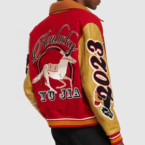 Chaqueta Letterman personalizada de talla grande para hombre, chaqueta universitaria OEM de cuero con logotipo bordado, abrigo de bombardero de béisbol rojo en blanco al por mayor - Product Image 6
