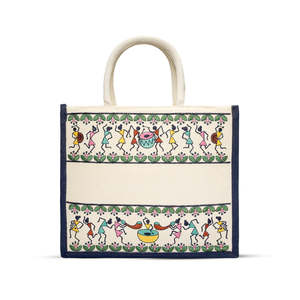 Handmade Summer Tribal Beats Embroidered Hamper <b>Bag</b> Navy Blue <b>Large</b> Capacity Jute <b>Canvas</b> Tote <b>Bag</b> For Corporate Gifting Item - Product Image 1
