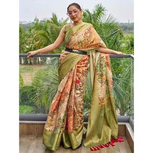 Sari de Organza con Estampado Floral Verde para Mujer, Conjunto Atractivo para Festivales - Product Image 5