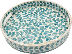 Plateau de service rond en nacre de 12,6 cm avec poignées, plateau décoratif en bois de nacre pour table basse, motif floral turquoise - Product Image 2