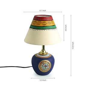Fabriqué à la main de 13 pouces Warli Design lampe en terre cuite écologique Base bleue abat-jour blanc Design moderne léger décor à la maison - Product Image 3