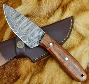 Cuchillo de Damasco hecho a mano para exteriores con mango de palisandro hoja fija Funda de cuero para caza y Camping compatible con OEM - Product Image 3
