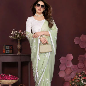 Saree de seda de gasa de musgo puro Premium con trabajo de bordado múltiple y blusa de seda cruda ropa india y pakistaní - Product Image 1