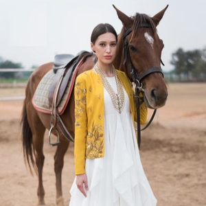 NEW YELLOW JACKET--GOWN ON <b>SILK</b> <b>FABRIC</b> WITH EMBELLISH OF BEAUTIFUL CRYSTAL BEADS,PEARLS,GLASS STONE WORK FOR PARTY-WEAR@2022 - Product Image 1