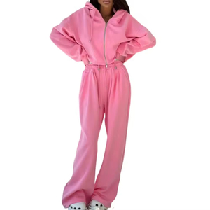 Conjunto de 2 Piezas de Alta Calidad, 100% Algodón, Lavado Ácido, Invierno, Bordado, Malla Rasgada, Encaje, Sudadera Corta con Capucha y Pantalones Jogger, Cremallera, Diseño Personalizado 3D - Product Image 1