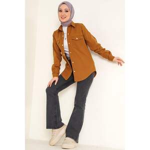 Veste en jean boutonnée pour femme de couleur tabac - Product Image 1