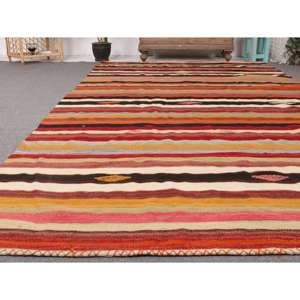 Alfombra Turca Vintage de 5.9x11 pies, Alfombra Grande, Alfombra de Lana a Cuadros Roja y Naranja - Product Image 5