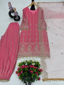 Diseñador indio nueva colección de trajes Salwar con Secuencia de bordado trabajo de encaje elegante en tela pesada de imitación Georgette - Product Image 3