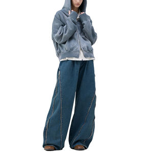 Sweat à capuche pour femme de haute qualité, surdimensionné, à fermeture éclair, avec poche kangourou, épaules tombantes, manches longues, lavage à l'eau, vintage, double fermeture éclair - Product Image 6