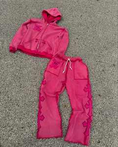 Ropa de calle personalizada chándales bordado costura angustia ácido lavado Vintage pantalones de chándal y sudaderas con cremallera conjunto de hombres - Product Image 1