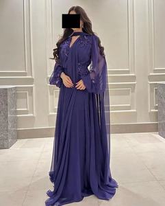 Robe de bal en mousseline de soie violette pour femmes, col en V, manches longues perlées, robe trapèze pour soirée avec enveloppes, robes d'invitées de mariage - Product Image 2