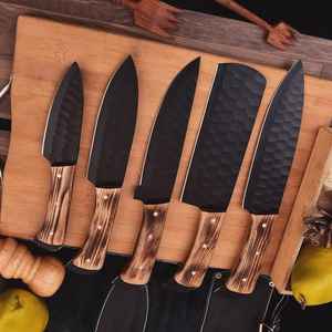 High Quality <b>Steel</b> Kitchen Knife Set Custom Handmade Black Powder <b>Coated</b> <b>Steel</b> Fixed Blade Kitchen Chef Leather Cover Sheath Bag - Product Image 4