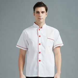 เสื้อเชฟแขนสั้นสีขาวสำหรับร้านอาหาร ชุดยูนิฟอร์มบาร์ครัว แบบยูนิเซ็กซ์ รับสกรีนโลโก้ตามสั่ง - Product Image 4