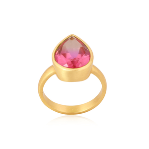 Bague en pierre précieuse de quartz double rose, bague en laiton plaqué or, bagues tendance, fournisseur de bijoux, collection de bijoux classiques - Product Image 1