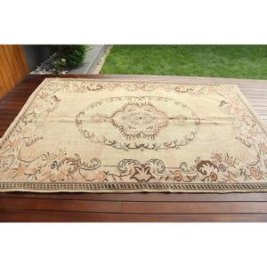 Vintage Rug, 6x8.5 ft Turkish Rug, <b>Brown</b> White Striped <b>Wool</b> Rug - Product Image 3