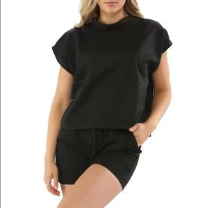 Customizable Logo Cotton Women's 2 Piece <b>Set</b> T-Shirt with Short Boxy Printed T Shirt & <b>Knitted</b> Streetwear Shorts <b>Set</b> - Product Image 4