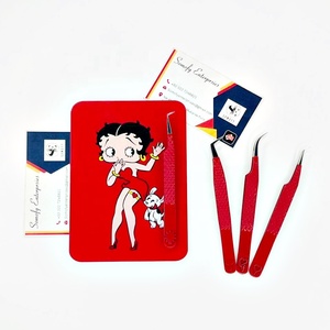 Pince à cils avec support à cils, couleur rouge, pointes argentées, en acier inoxydable, pour extensions de cils, emballage personnalisé, vison durable - Product Image 1