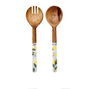 Ensemble de serveurs à salade avec manche en résine, également en bois d'acacia naturel, ensemble d'ustensiles de cuisine en bois de mangue - Product Image 1