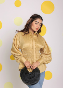 Top de algodón natural 100% con mangas completas y botones en la cintura con cuello Beige Burst de ajuste sólido-Último diseño Estilo dulce - Product Image 2