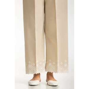 Pantalon en lin brodé beige Khaddar pour femme IPT-44025, taille haute, coupe large, jambe droite, respirant, broderie - Product Image 2