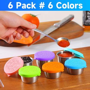 Koleksi hadiah 6-Pack 1.6 OZ wadah bumbu saus Salad baja tahan karat tutup silikon penjaga kesegaran terbuka - Product Image 5