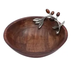 Cuenco para servir de Metal dorado en forma redonda personalizada con bandeja Base de madera para el hogar, Hotel, boda, mesa, cuenco para servir - Product Image 4