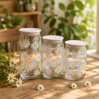 Gobelet en verre en forme de canette de soda avec impression de logo personnalisé et grande fleur de marguerite