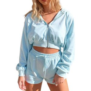 Sweat à capuche d'entraînement de sport décontracté XL pour femmes ensemble de shorts longs tissu à tricoter le plus vendu étiquette privée gratuite été options de grande taille - Product Image 1