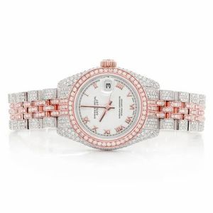 PJ Montre pour homme en moissanite bicolore or rose serti de pavés de diamants chiffres romains Montre glacée Bracelet jubilé de luxe - Product Image 1