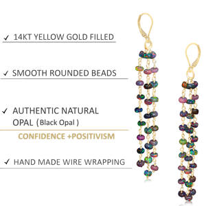 Boucles d'oreilles pendantes à 3 rangs en opale noire pour femmes en argent sterling 925 plaqué or jaune, bijoux de pierre de naissance, cadeau de mariage - Product Image 4