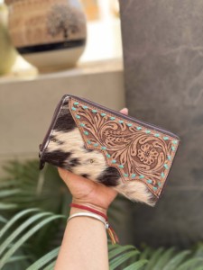 Femmes élégant Vintage Turquoise peau de vache fourrure cuir pochette sac à main multi-usages été utilisation étanche fermeture à glissière téléphone - Product Image 5