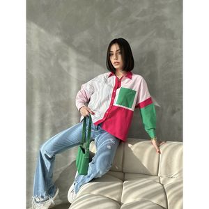 Camisa de Mujer TOPSHOW, Colorida, con Parches a Rayas, de Algodón y Poliéster, para Venta al Por Mayor - Blusa Elegante e Informal - Product Image 3
