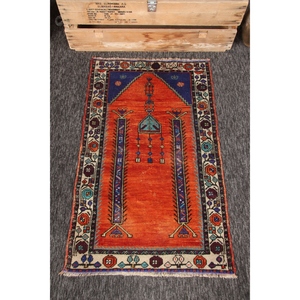 Alfombra Turca Vintage de 2.4x3.9 pies (73x118 cm), Alfombra Geométrica Herki Naranja y Azul - Product Image 1