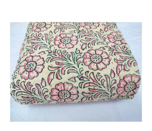 Luxurious Handmade Indian Cotton Kantha Quilt Soft Pink <b>Green</b> Hand Block Print <b>Bedspread</b> Queen Bedcover Throw Blanket Soft Home - Product Image 1