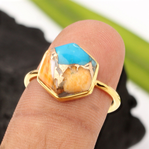 Natural Oyster Copper <b>Turquoise</b> <b>Ring</b> 925 Sterling Silver Bohemian Jewelry Eternity Vermeil 18K Micron <b>Gold</b> Plated Bezel Setting - Product Image 6