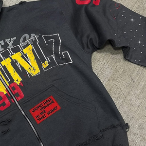 Sweat à capuche personnalisé 100% coton décontracté imprimé numérique lavé au soleil Sweat à capuche zippé avec strass de style de rue - Product Image 6