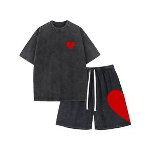 Matériaux de qualité supérieure Mans ensemble court manches t-shirts lavage à l'acide t-shirt surdimensionné Vintage 2 pièces ensemble hommes t-shirt hommes ensemble - Product Image 1