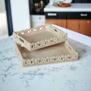 Designer <b>Single</b>-Tier Carved <b>Wooden</b> Serving Tray Solid Bamboo with White Wash Color for Home Use on Desk or Bathroom Tableware - Product Image 2