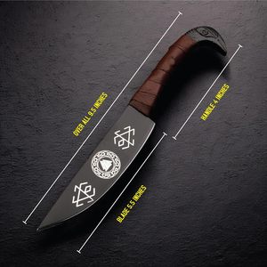 Couteau Viking Rave de 9,5 pouces, revêtement en poudre noire, gravures nordiques, lame en acier Damas, manche en corne de taureau, étui en cuir - Product Image 4