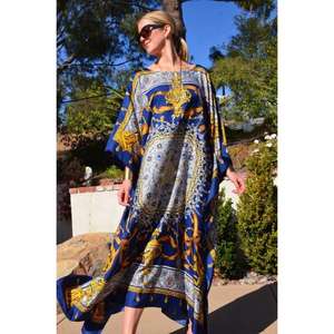 Vestido Kaftan Largo de Lujo para Mujer, Estampado Barroco Azul Real, Corte Holgado, Manga Larga, Diseño de Diseñador, Ropa de Noche para Resort - Product Image 4
