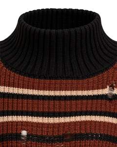 Manufacturer Custom Brown Black Striped Cropped <b>Knit</b> Sweater <b>Women</b> Turtleneck Flare Sleeve Distressed Winter Fashion Casual <b>Top</b> - Product Image 4