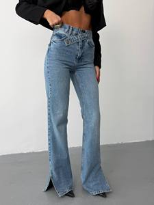 Vaqueros acampanados de mezclilla lavado claro para mujer, cintura media, corte regular, con cinturón y abertura frontal, estilo High Street - Product Image 1