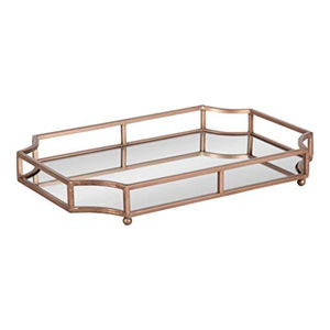 Plateau décoratif rectangulaire en métal fantaisie, orné de miroirs, à bord festonné, finition or rose bronze, plateau de rangement élégant pour table, en solde - Product Image 1